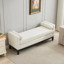 Elegant Upholstered Bench, Daybed, Ottoman with Wood Legs & Bolster Pillows in Ivory Boucle, 66.34'W