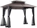 10x12 Brown Hardtop Gazebo With Steel Frame And Netting For Outdoor Patio Garden Canopy Shelter