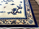 Chinese Dragon Peking Rug 8 x 11.6, Ivory and Blue, Chinese Wool Rug, Vintage