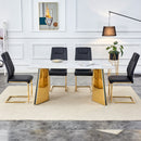 Table and chair set.63'x31.5x30' Luxurious Snow Mountain Patterned Sintered Stone Table with Golden Stainless Steel Butterfly Legs.Paried With 4 Black High-quality PU Chairs With Arched Metal Legs.