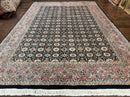 Indo Persian Rug 9x12, Vintage Handmade Wool Carpet, Repeated Allover Motif, Navy Blue and Pink