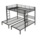 Modern Metal Triple Bunk Bed with Vertical Ladder, Safety Rail, and Storage Shelf in Black