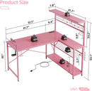 51 Inch L Shaped Gaming Desk Pink With Power Outlets And LED Lights