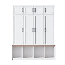 [Assembly Video Provided] Farmhouse Hall Tree with 4 Hidden Hanging Hooks, Versatile Walnut Seating Bench with 8 Doors, Entryway Shoe Cabinet with Open Compartments for Living Room, White