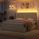 Modern Upholstered LED Bed Frame with Storage Drawers, Velvet Platform Bed, Wingback Headboard, RGB Light, Beige