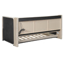 Twin Size Upholstered Daybed with Trundle, Storage Shelves, USB & Outlet (Beige)