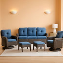 Six Piece Patio Conversation Set Brown Wicker Blue Cushions