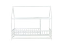 Twin Size House Floor Wooden Bed with Roof Frame,Safety Guardrails,White