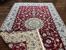 Persian Nain Rug 6x10, Wool and Silk Highlights, Red and Ivory, Floral Medallion, Vintage Handmade Hand Knotted, Fine 225 KPSI, Traditional Rug