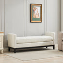Elegant Upholstered Bench, Daybed, Ottoman with Wood Legs & Bolster Pillows in Ivory Boucle, 66.34'W