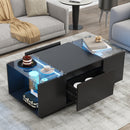 U-Can Led Coffee Table, Modern Center Table with High-Gloss Finish and Glass Tabletop, Coffee Table with Open Storage Compartment and 2 Hidden Drawers  for Living Room