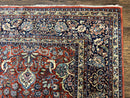 Persian Sarouk Rug 9x12, Red and Dark Blue Floral Allover Antique Persian Carpet, Handmade Wool Qazvin Rug