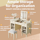Multi-Functional 2-in-1 Vanity Desk with Flip-Top Mirror, White Oak, MDF Material, 46.5-Inch