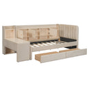 Twin Size Upholstered Daybed with Drawers, Shelves, Flip Cabinets & Side Table (Beige)