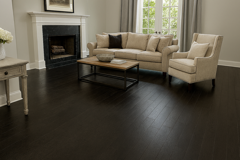 Installed red oak engineered wood flooring, complemented by a beige sofa, armchair, and coffee table set in front of the fireplace.