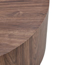 Simple Deep Walnut Cylindrical Coffee Table, MDF, 27.5-Inch Diameter x 12-Inch Height, Industrial/Minimalist Style.