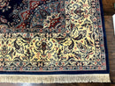 Sino Persian Kerman Rug 10x14, Blue and Beige, Floral Medallion, Fine 240 KPSI