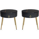 19.6" Easy Assembly End Tables with High Gloss Faux Marble Tabletops, Set of 2, Modern Fluted 2 Side Tables with Drawers, Round Coffee Tables with Golden Legs for Living Room, Black