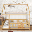 Full Size House Floor Wooden Bed with Roof Frame, Safety Guardrails,Natural