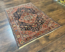 Persian Sarouk Rug 3.6 x 5, Medallion Rug, Red and Midnight Blue, Handmade Semi Antique Vintage Wool Carpet