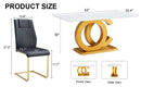 Table and chair set.Subtle Luxury Tempered Glass Dining Set - 63'x35.4' with 4 Black PU Chairs with golden C-tube metal leg.Arched Metal Gold Leg.White imitation marble texture sticker Tabletop.