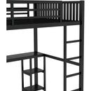 Full XL Size Loft Bed Frame with Built-in Wardrobe, Metal Loft Bed with Desk and Storage Shelves, Black
