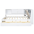 White Wooden Full Size L-shaped Daybed with Storage Bookcase, Upholstered Headboard, USB Charging Ports