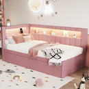 Upholstered Twin Size Platform Bed with USB Ports and LED Belt, With Trundle, Pink