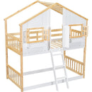 Twin over Twin House Bunk Bed with Roof, Window, Window Box, Door, with Safety Guardrails and Ladder, Natural/White
