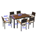 7 piece Outdoor Patio Wicker Dining Set Patio Wicker Furniture Dining Set w/Acacia Wood Top Brown Wicker + Cream Cushion