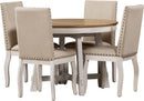 Farmhouse Round Extendable Dining Table Set Oak Finish with Upholstered Chairs