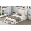 Full Size Wood Platform Bed with Upholstered Headboard and 2 Drawers, White