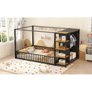 Full Size Floor Bed Frame with Wardrobe, Metal floor Bed with Storage Shelves, Black