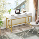 41 Inch White And Gold Computer Desk With 2 Drawers