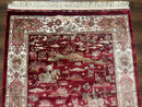Turkish Silk Hunting Design Rug 4x6, Dark Red & Ivory, Bamboo Silk, New