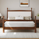 Mid-Century Modern King Size Solid Pine Wood Platform Bed with Upholstered Headboard in Boucle, No Box Spring Needed, Brown