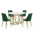 TOPMAX Space-Saving 5-Piece Extendable Kitchen Dining Table Set for Small Spaces - Round Faux Marble Top with Golden Frame, 4 Upholstered Chairs, Compact Foldable Design,White+Green