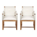 Outdoor Dining Chairs Set of 2, Acacia Wood Patio Armchair with Rope Design Back and Arms and Washable Cushion,for Backyard, Poolside, Garden,White