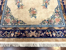 Chinese Wool Rug 8x11, Peking Asian Oriental Carpet, Cream/Ivory and Blue, Vintage Handmade Rug, Art Deco Rug
