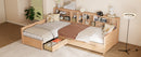 Twin Size Wooden L Shaped Daybed with Under-bed Trundle and Storage Drawer, Versatile Corner Bed Frame with Bookcases for 3, Natural