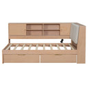 Wooden Twin Size L-shaped Daybed Corner Bed Under-bed Drawers  with Storage Bookcase and Upholstered Headboard and USB Charging Ports for Limited Space,Natural