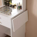 Vanity Desk with Lighted Mirror, Makeup Vanity Desk with Drawers and Storage Cabinet  for Bedroom, Glass Desktop, 3 Lighting Modes Adjustable Brightness, Storage Stool, White