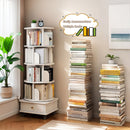 5 Tier Rotating Bookshelf with Wheels and Drawer, 360° Spinning Design, Space Saving Storage, for Home and Office, White MDF
