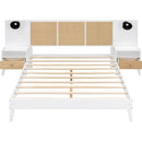 Queen Size Solid Wood Bed Frame with 2 Nightstands, Elegant Design with Lamps, Rattan and Wood Combination,White
