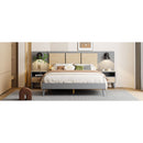 Queen Size Solid Wood Bed Frame with 2 Nightstands, Elegant Design with Lamps, Rattan and Wood Combination,Gray