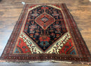 Antique Persian Bidjar Rug 5x6, Navy Blue and Red, Persian Tribal Rug