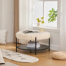 Modern Upholstered Round Ottoman Coffee Table with Storage Shelf and Black Metal Legs, Beige Faux Fur