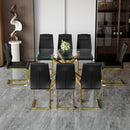 Table and chair set.Modern Luxurious Transparent Tempered Glass Dining Table Set with 8 Chairs.Single Fork Golden Metal Table Legs.Black high-quality PU dining chairs with golden metal legs.