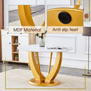 Table and chair set.Luxurious Snow Mountain White Slab Round Dining Table Set - 47'x47' with 4 Black PU Chairs with Simple Line Designs On The Backrest .Golden Metal Legs.