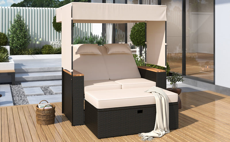 Walker Edison | Outdoor Patio 2-Piece Rattan Chairs and Bench Roof Set